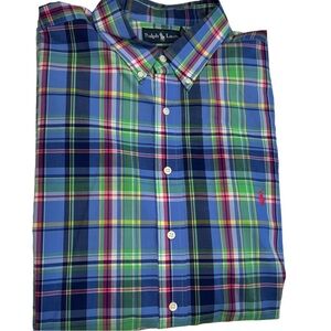 Ralph Lauren Plaid Button Down Shirt Mens XLT Blue Classic-Fit Short Sleeve
